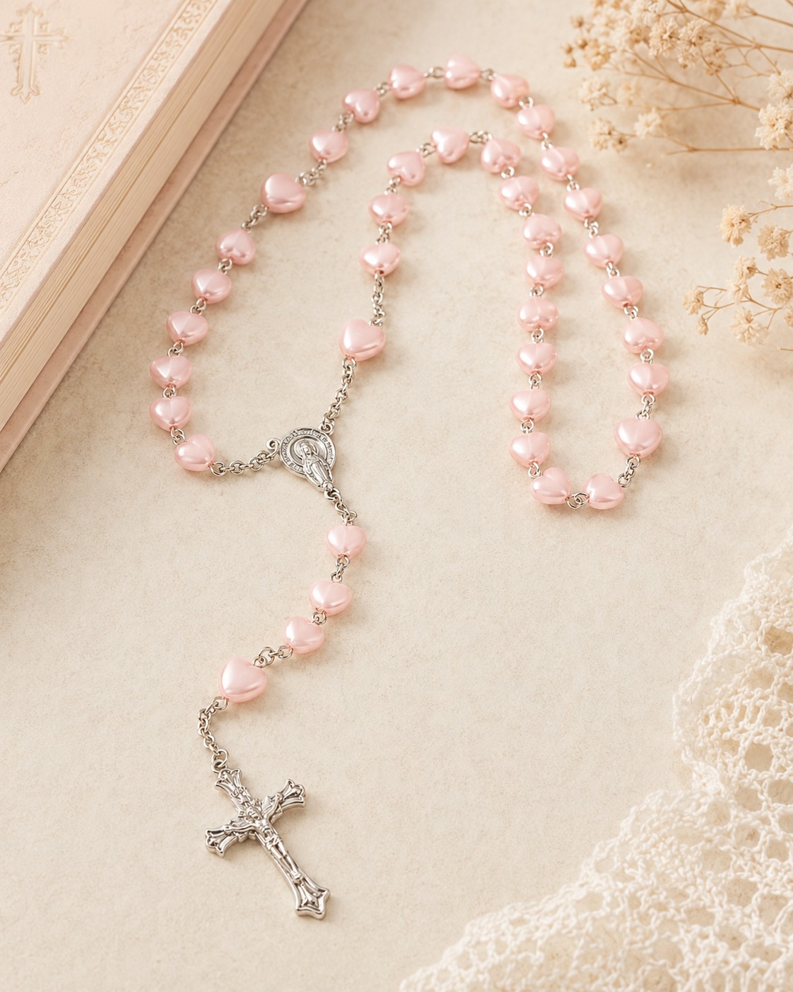 Blush Heart Rosary on a soft cream devotional background
